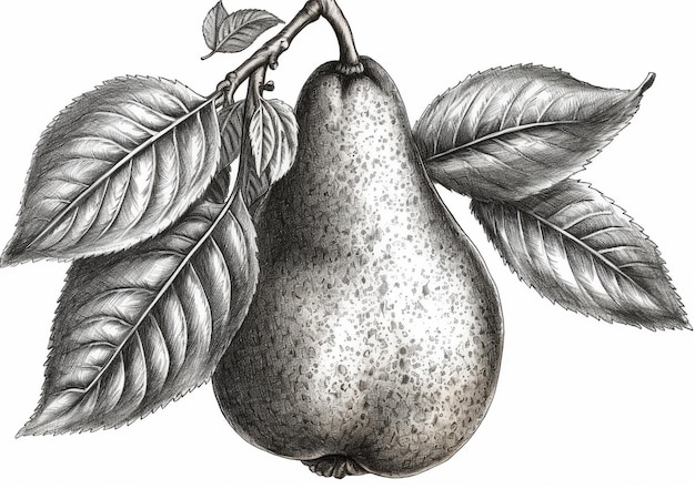 Un disegno di una pera e foglie