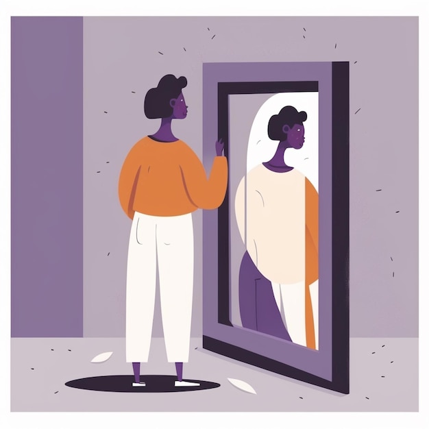 Un disegno di una persona che guarda uno specchio