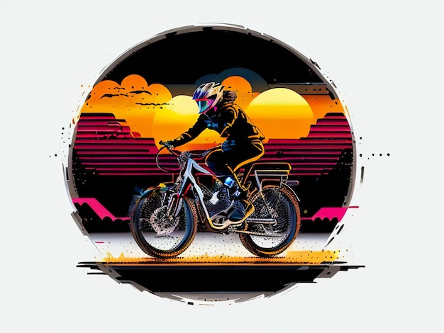 Un disegno di una persona che guida una moto con il sole dietro di loro.