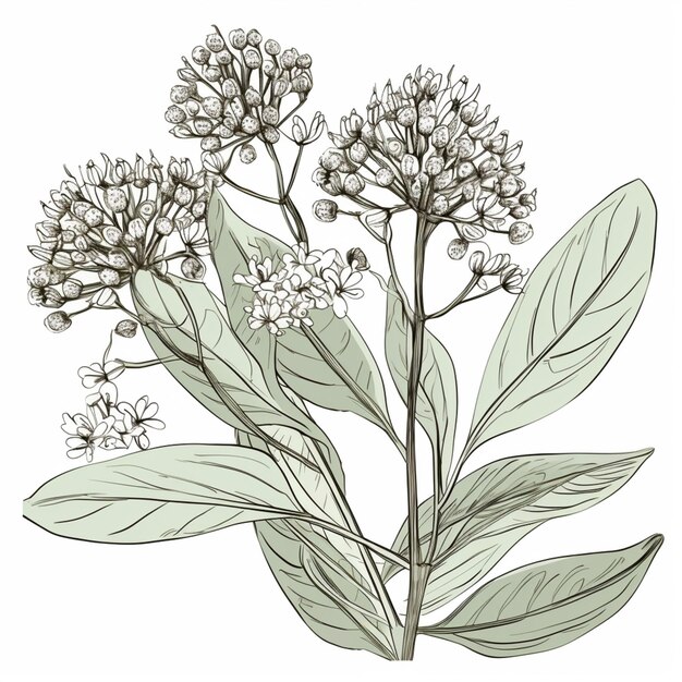 un disegno di una pianta con fiori bianchi e foglie verdi