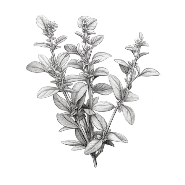 un disegno di una pianta con foglie e fiori su uno sfondo bianco