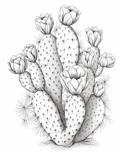 un disegno di una pianta di cactus con fiori su di essa ai generativa