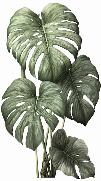 Un disegno di una pianta monstera con grandi foglie.