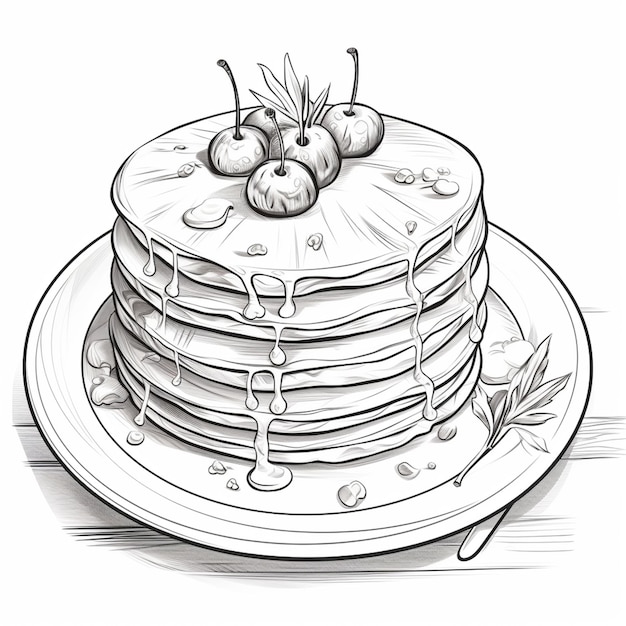 un disegno di una pila di pancake con sciroppo e ciliegie sulla parte superiore ai generativo