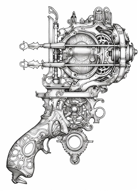 Un disegno di una pistola con ingranaggi e un orologio su di esso generativo ai