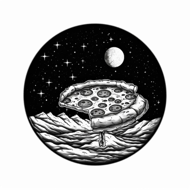 Un disegno di una pizza con la luna sullo sfondo.