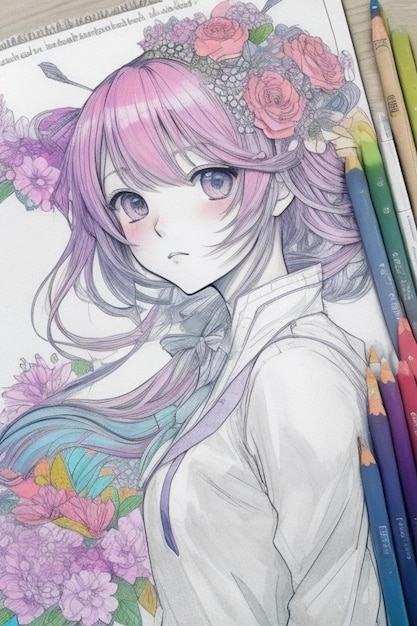 un disegno di una ragazza anime con i capelli rosa e una camicia bianca.