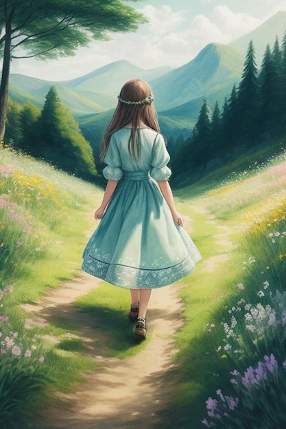 Un disegno di una ragazza che indossa un vestito che cammina in un sentiero della foresta di fronte a una bella montagna verde in t