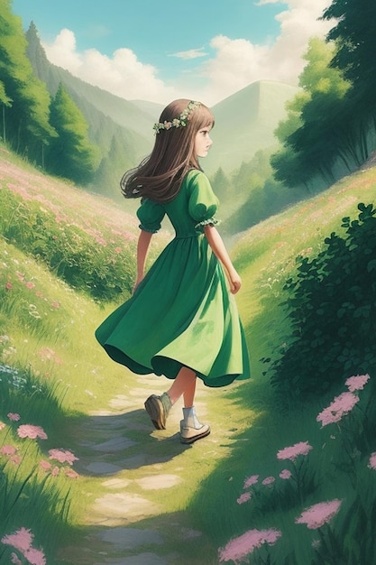 Un disegno di una ragazza che indossa un vestito che cammina in un sentiero della foresta di fronte a una bella montagna verde in t