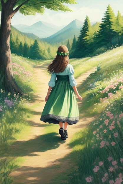 Un disegno di una ragazza che indossa un vestito che cammina in un sentiero della foresta di fronte a una bella montagna verde in t