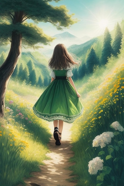 Un disegno di una ragazza che indossa un vestito che cammina in un sentiero della foresta di fronte a una bella montagna verde in t