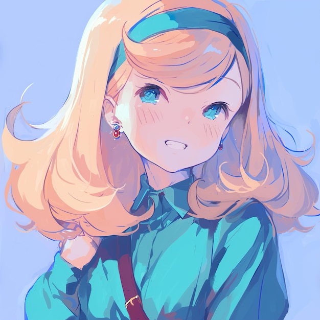 un disegno di una ragazza con gli occhi blu e una camicia verde che dice anime su di esso