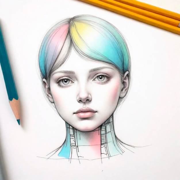 un disegno di una ragazza con i capelli color arcobaleno