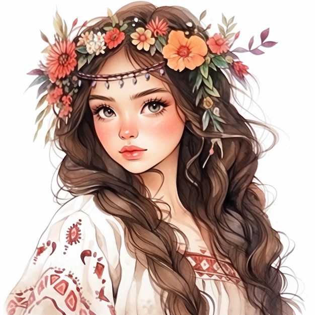 Un disegno di una ragazza con i capelli lunghi che indossa una corona di fiori generativa ai