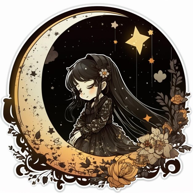 Un disegno di una ragazza con lunghi capelli neri e una luna sullo sfondo.