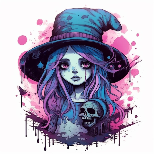 Un disegno di una ragazza con un cappello e un cranio generativo ai