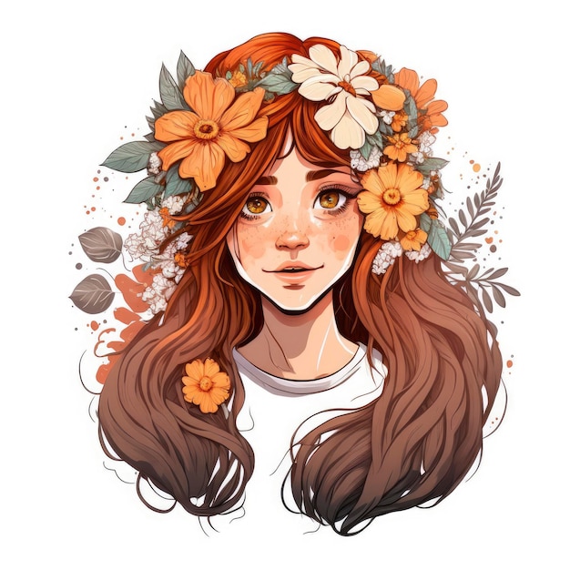 Un disegno di una ragazza con una corona di fiori in testa