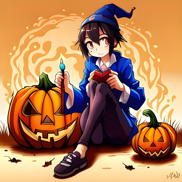 un disegno di una ragazza e una zucca con una candela in mano