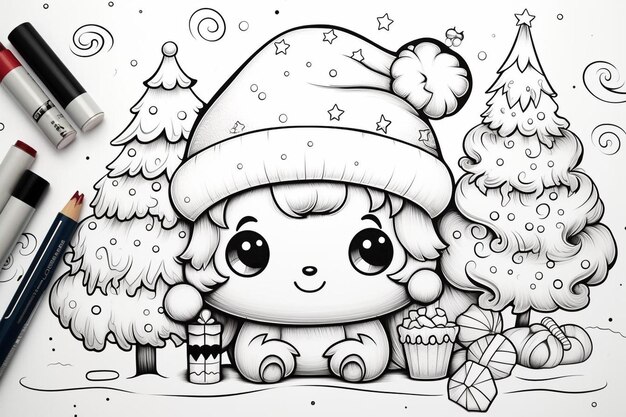 un disegno di una ragazzina con un cappello di Natale