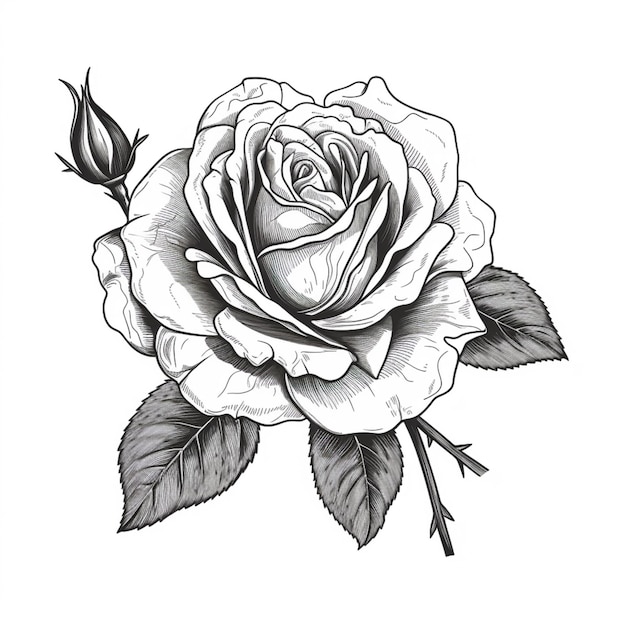 Un disegno di una rosa con foglie e uno stelo generativo ai