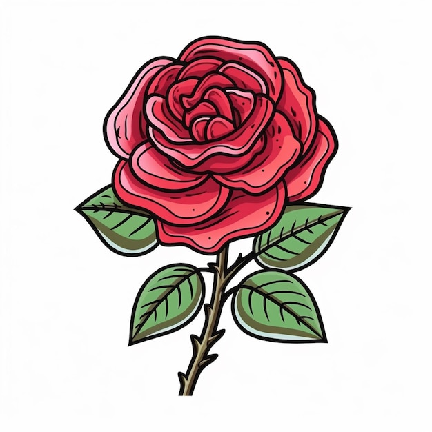 un disegno di una rosa con foglie verdi su sfondo bianco ai generativa