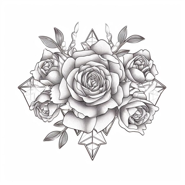 un disegno di una rosa con un diamante e foglie generativ ai