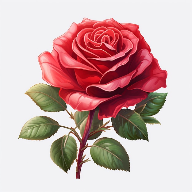 un disegno di una rosa rossa con foglie verdi