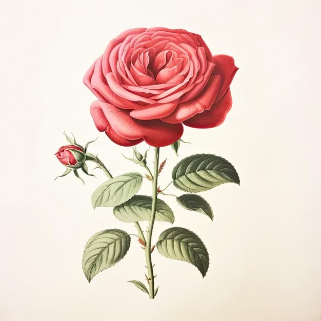 Un disegno di una rosa rossa con foglie verdi