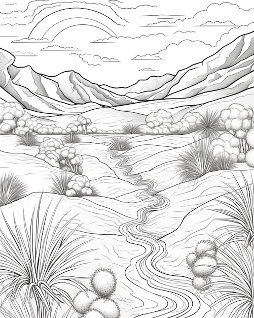 un disegno di una scena desertica con un fiume e montagne ai generative