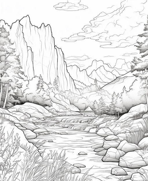 Un disegno di una scena di montagna con un fiume e alberi generativo ai