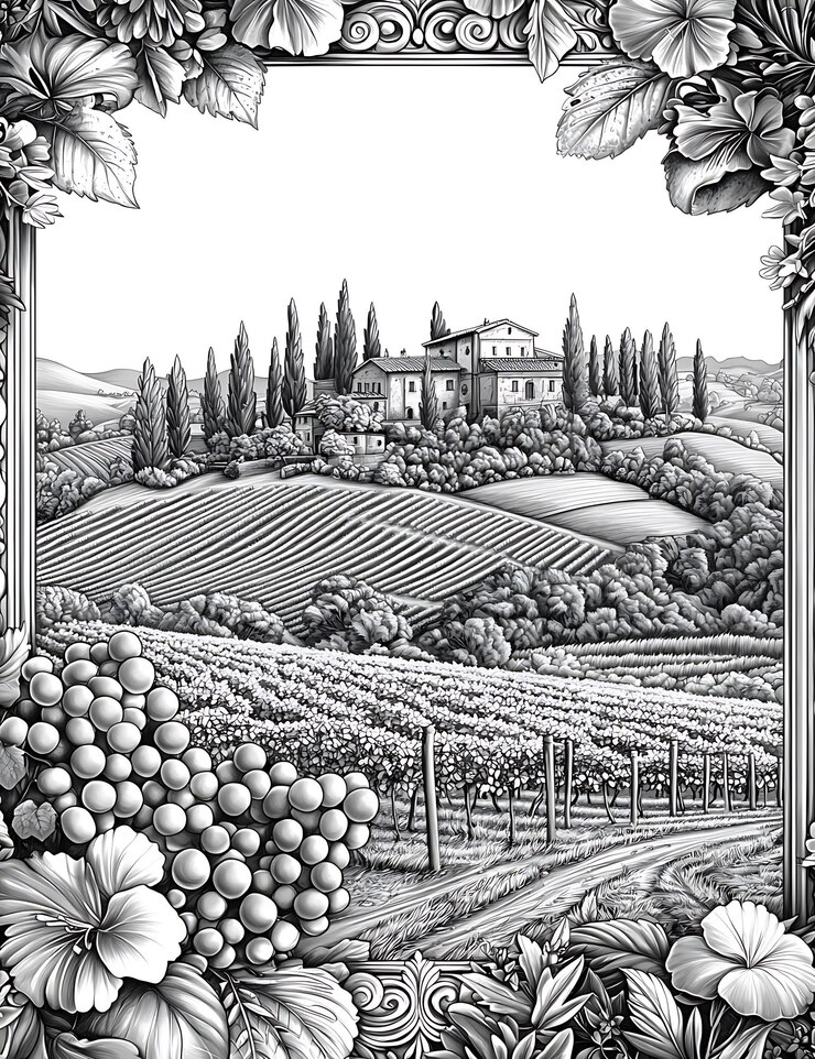 un disegno di una scena di vigna con una casa e una vigna