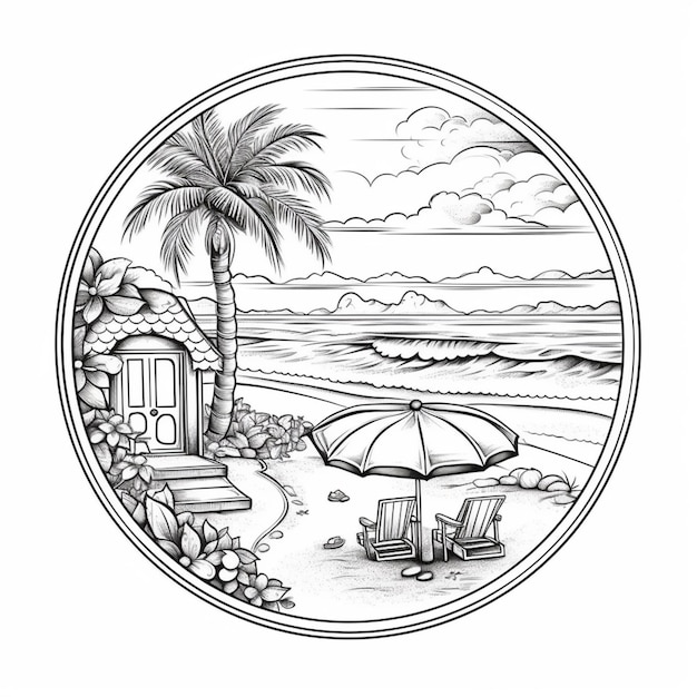 un disegno di una scena sulla spiaggia con una palma e sedie ai