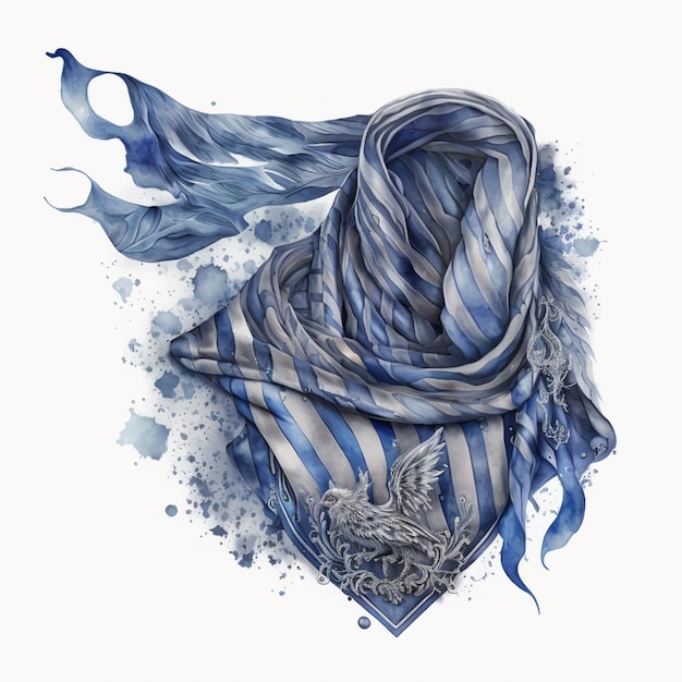 Un disegno di una sciarpa blu con sopra un uccello.