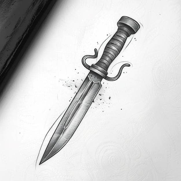 un disegno di una spada con un manico nero e una penna nera