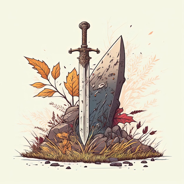 Un disegno di una spada con una pietra nel mezzo