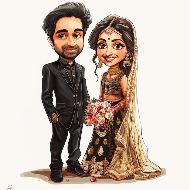 un disegno di una sposa e uno sposo che posano per una foto