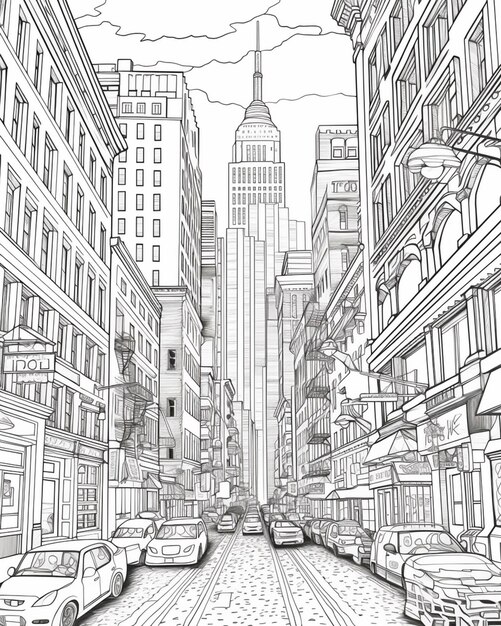 un disegno di una strada della città con auto e edifici generativi ai