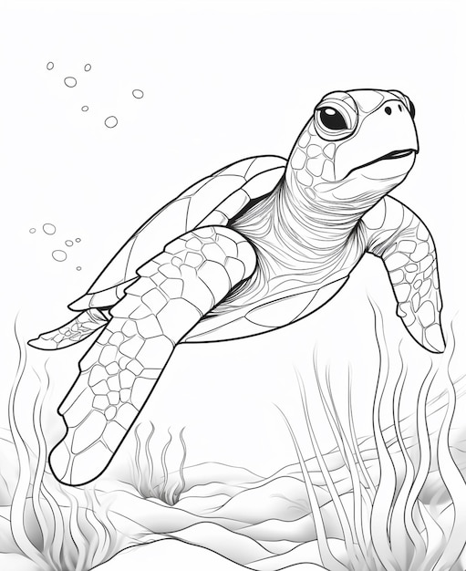 Un disegno di una tartaruga che nuota nell'oceano con bolle generative ai