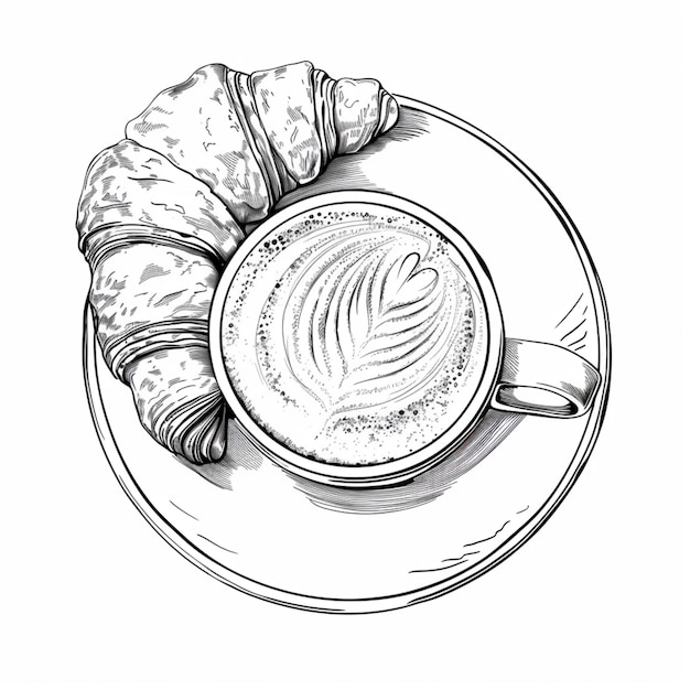 un disegno di una tazza di caffè con un croissant su un piatto generativo ai