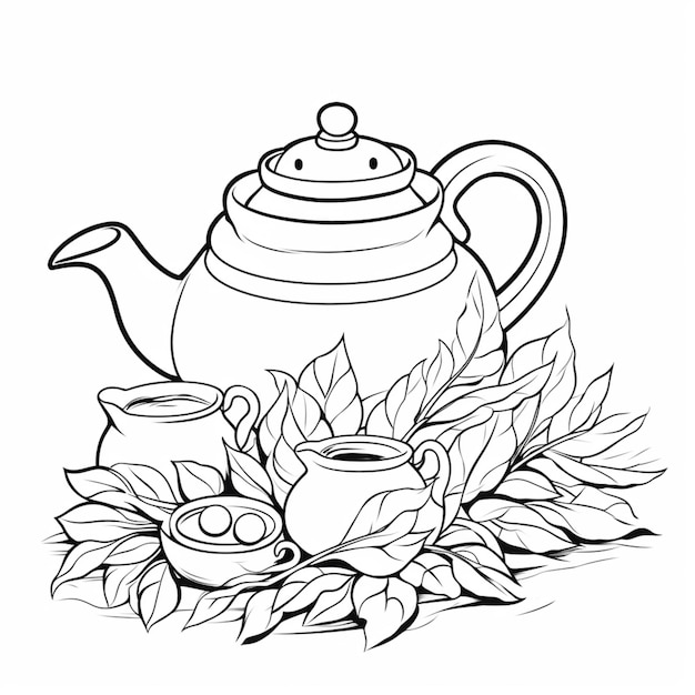 un disegno di una teiera e una tazza di tè con foglie generative ai