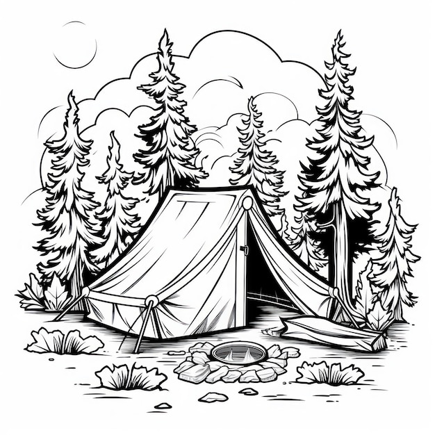 un disegno di una tenda con l'immagine di una foresta e alberi sullo sfondo.