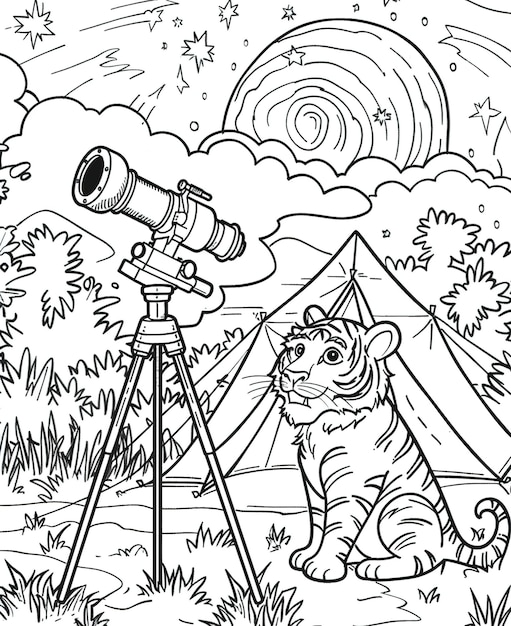 un disegno di una tigre che guarda un telescopio