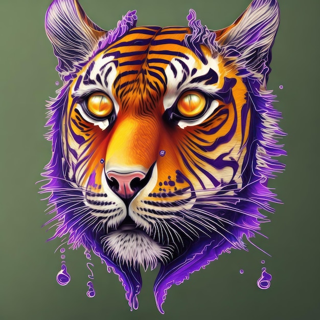 Un disegno di una tigre con occhi viola e gialli.