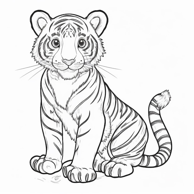 un disegno di una tigre seduta con gli occhi aperti