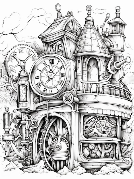 un disegno di una torre dell'orologio a vapore con un orologio in cima ai generativa