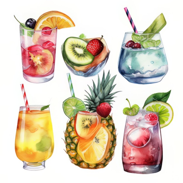 Un disegno di una varietà di cocktail tra cui frutta, ananas e kiwi.