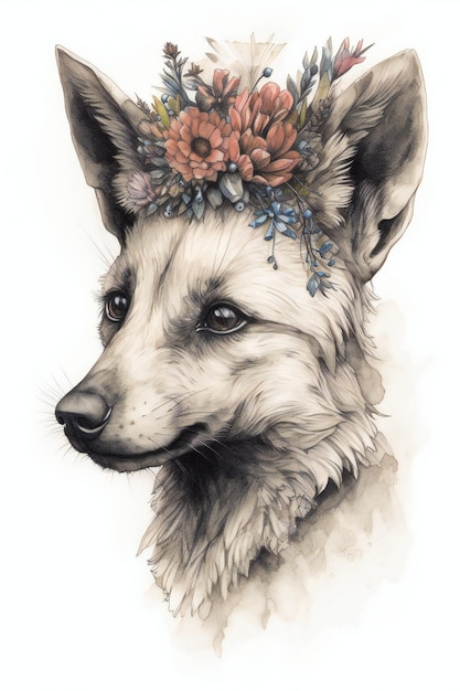 Un disegno di una volpe con una corona di fiori.