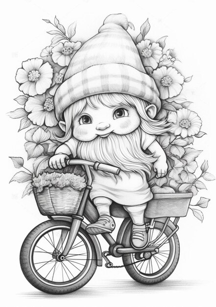 un disegno di uno gnomo che guida una bicicletta con dei fiori nel cesto generativo ai