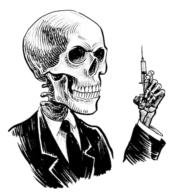 Un disegno di uno scheletro con una siringa in mano.