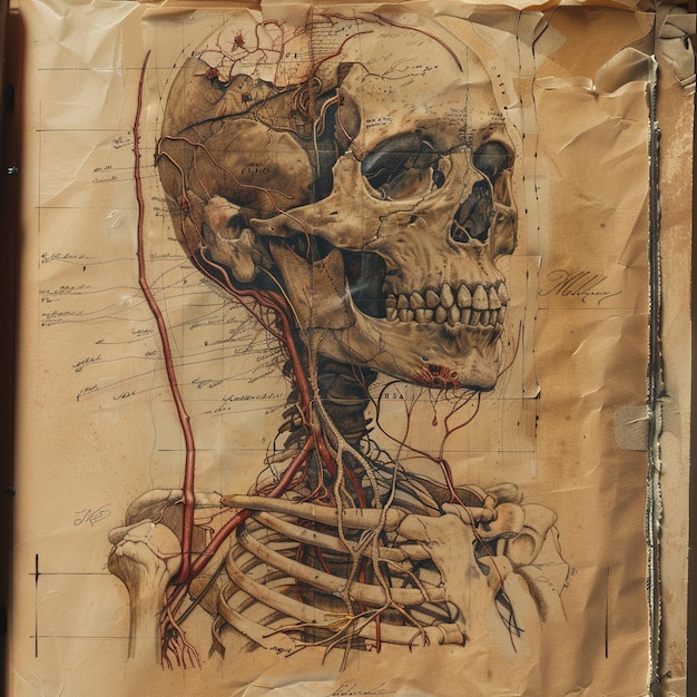 un disegno di uno scheletro con una vena rossa su di esso